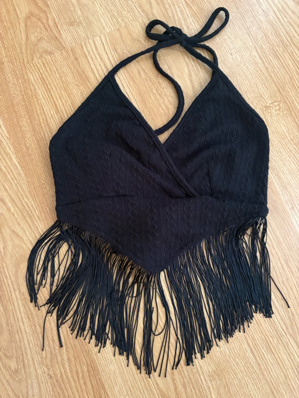 Black Halter Fringe Crop Top